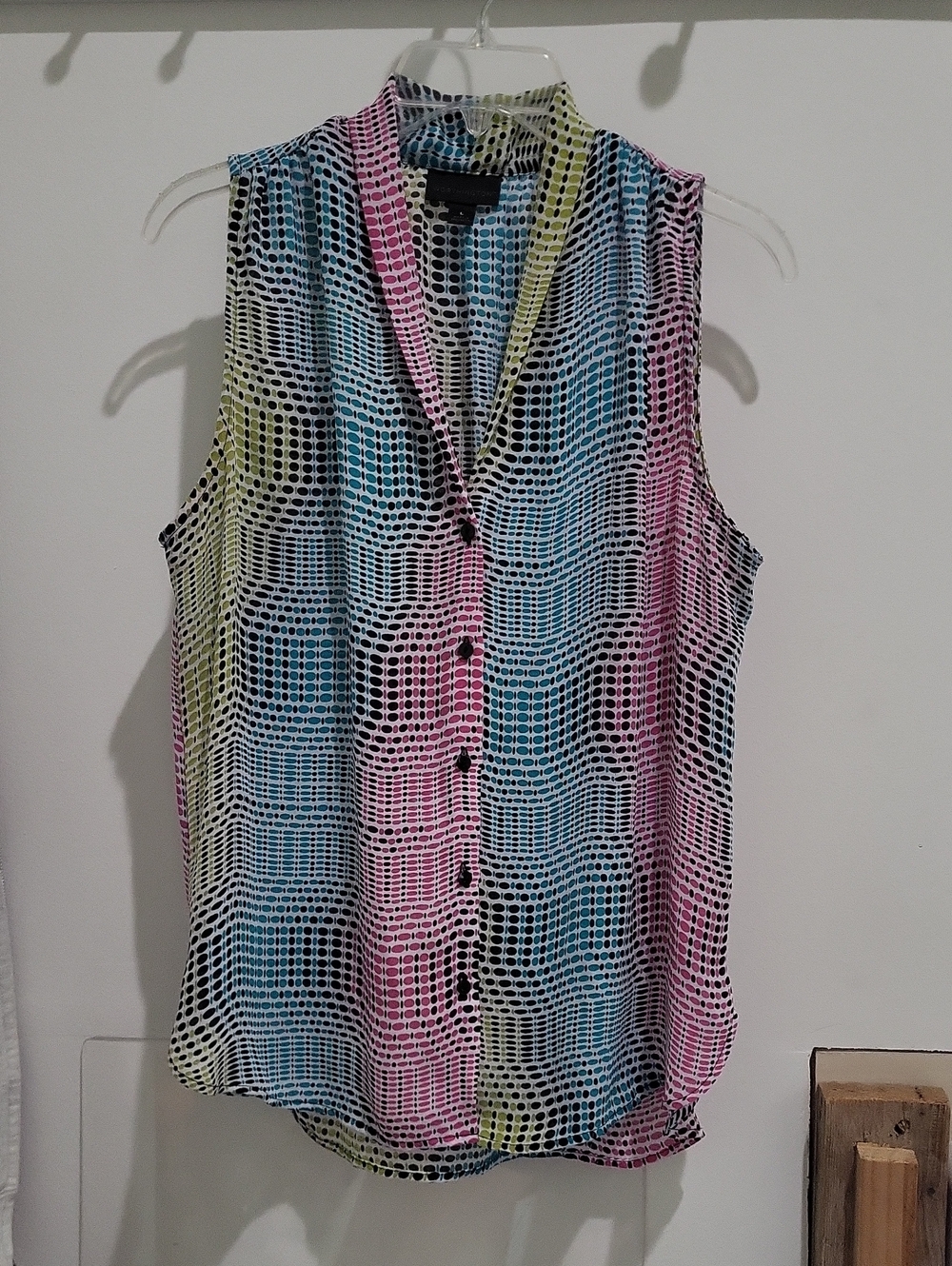 Worthington Sleeveless Button-Front Blouse in Pink, Blue and Yellow Dot Grid